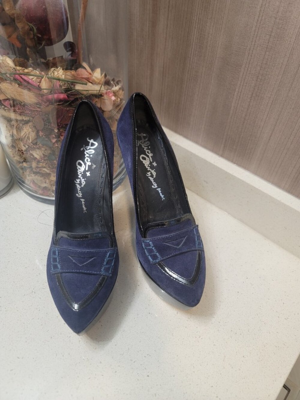 Alice Olivia Womens Penny Loafer Pump Size 38 Blue Suede Wedge Platform Heel